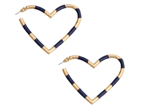 Navy & Gold Stripe Heart Hoops Earrings