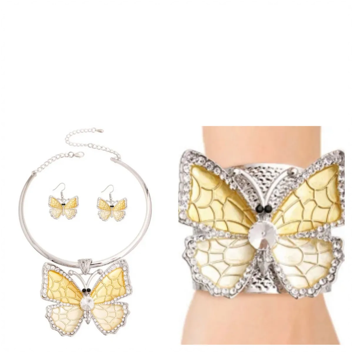 Rigid Metal Butterfly Necklace, Earrings, & Bracelet Set