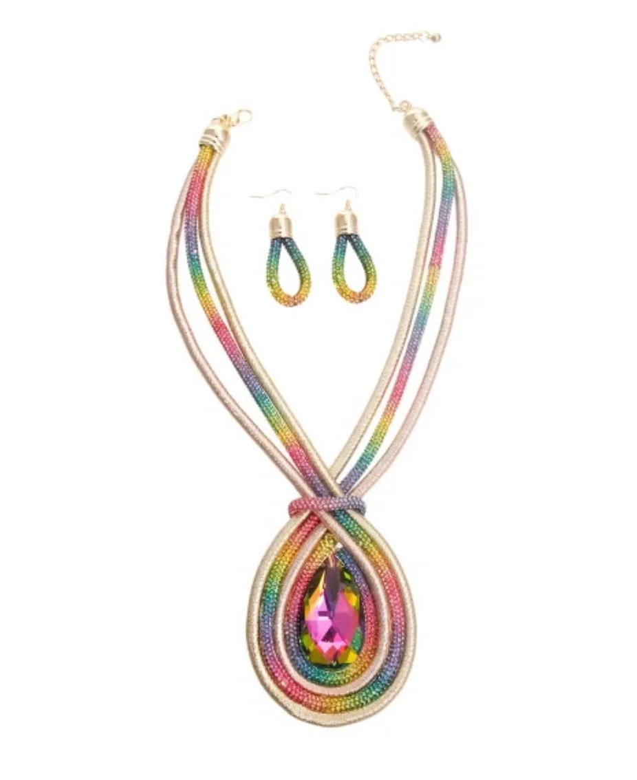Rainbow Rhinestone Teardrop Cord Necklace