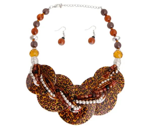 Leopard Brown Beaded Disc Necklace
