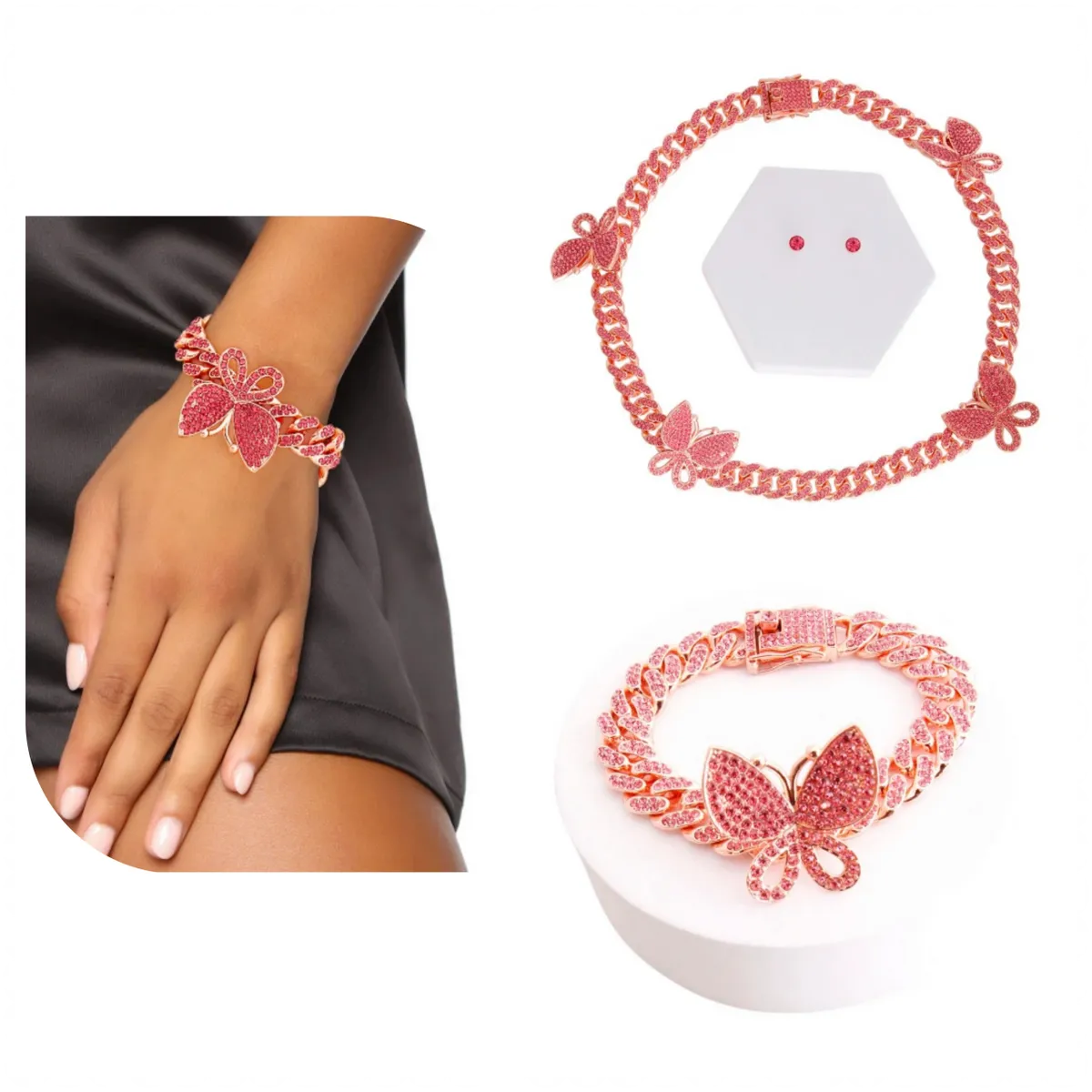 Iced Necklace, Earrings & Bracelet Butterfly Cuban Set