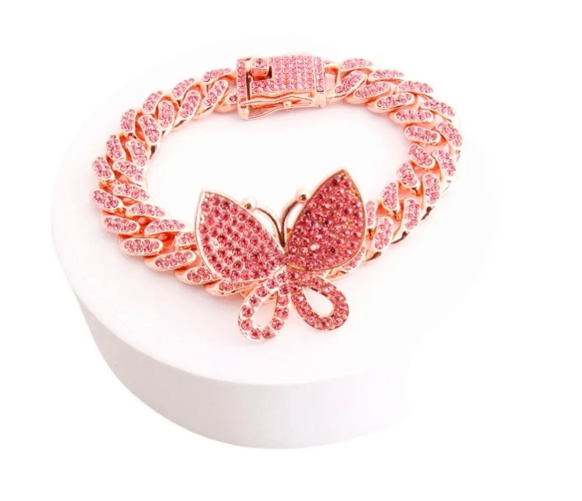 Iced Necklace, Earrings & Bracelet Butterfly Cuban Set