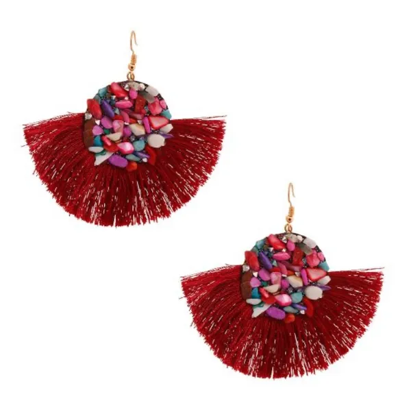 Mosaic Bead Fan Tassel Earrings