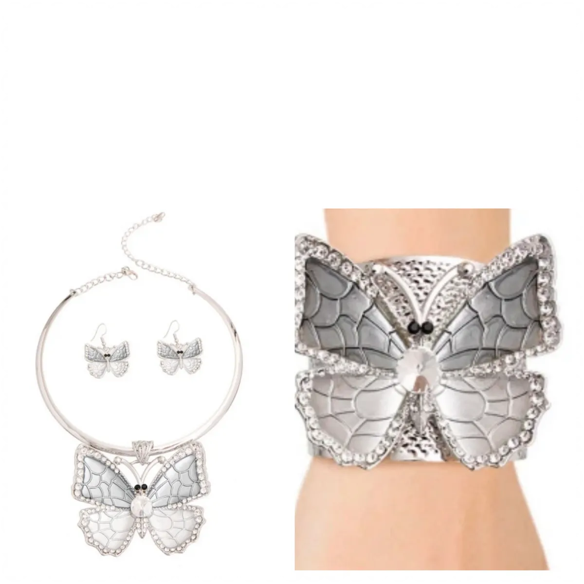 Rigid Metal Butterfly Necklace, Earrings, & Bracelet Set