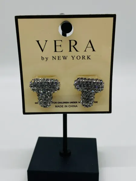 Initials Rhinestone Silver Studs Earrings