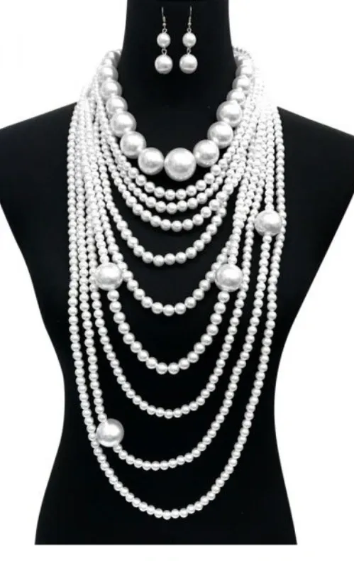 Long White Pearl Necklace Set