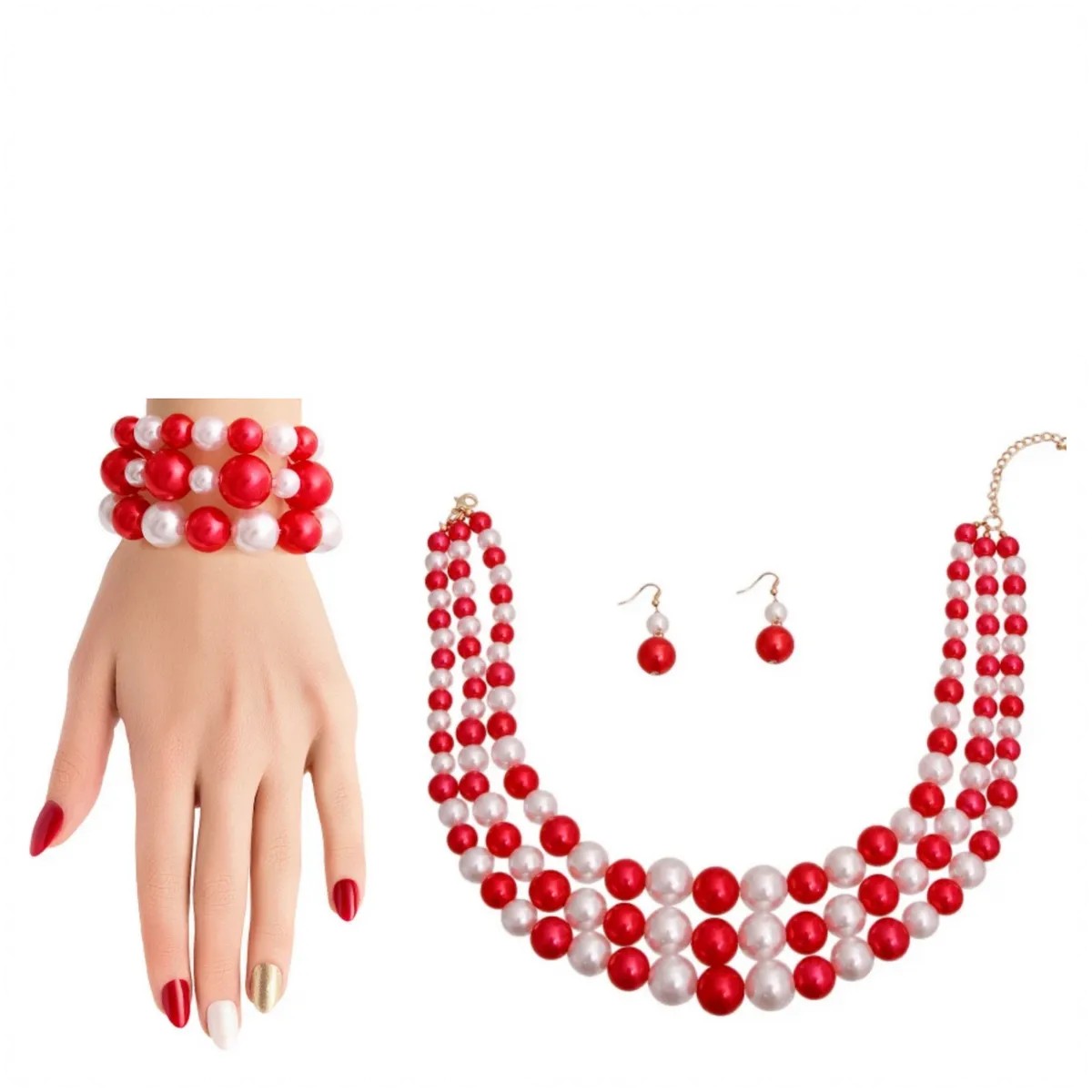 Pearl Bead 5 Strand Necklace and Bracelet Set