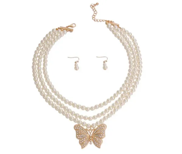 Triple Strand Pearl Butterfly Necklace