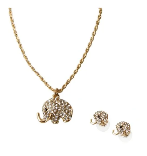 Rhinestone Pave Elephant Necklace Set