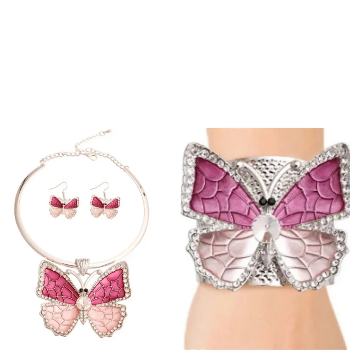 Rigid Metal Butterfly Necklace, Earrings, & Bracelet Set