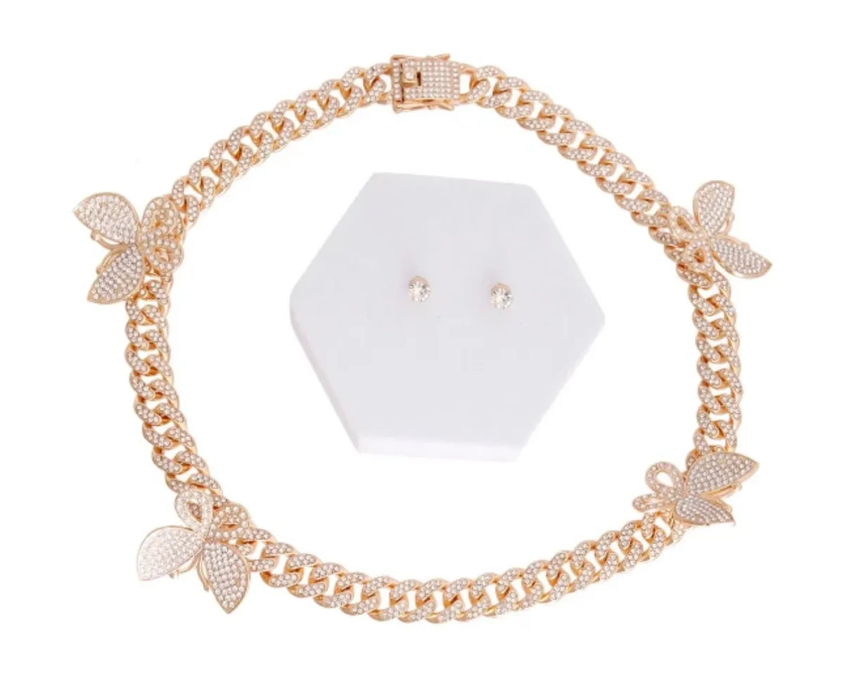 Iced Necklace, Earrings & Bracelet Butterfly Cuban Set
