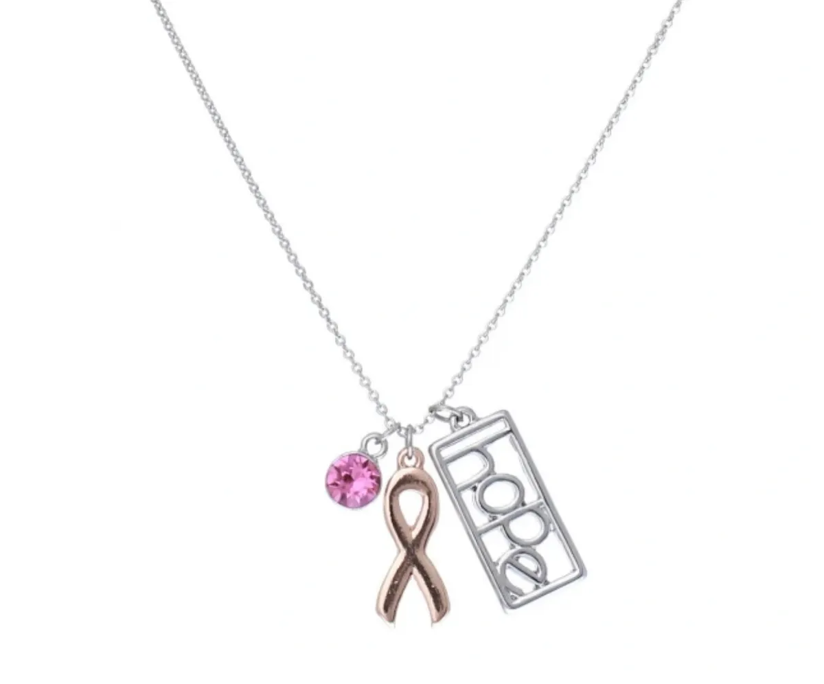 Pink Ribbon 3 Charm Necklace