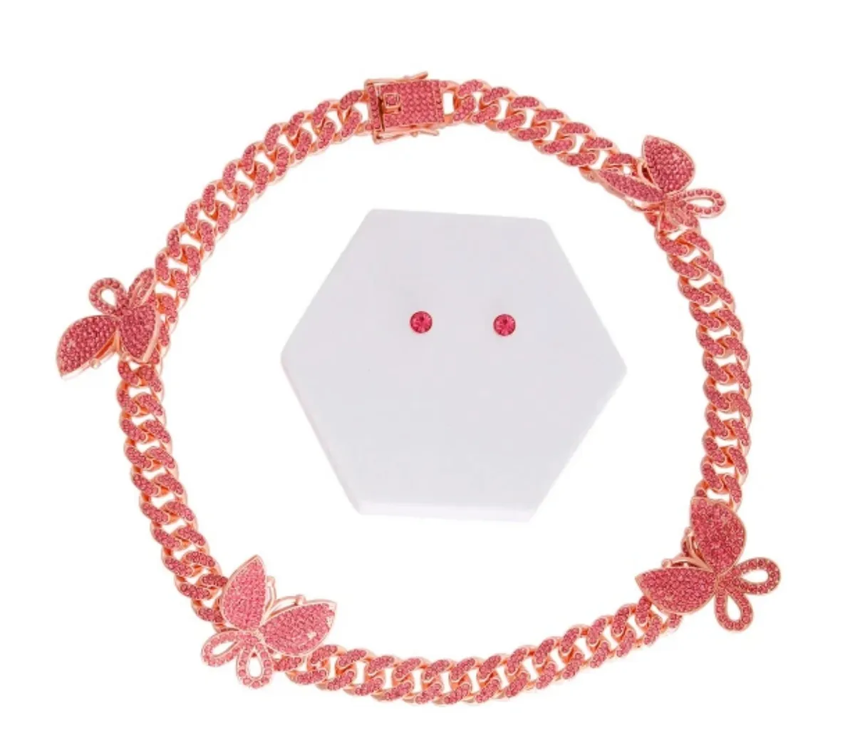 Iced Necklace, Earrings & Bracelet Butterfly Cuban Set
