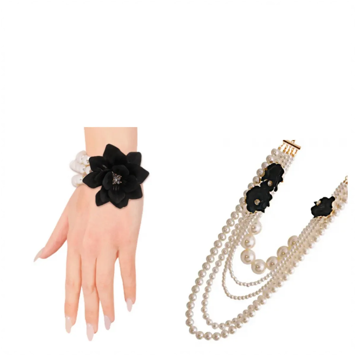 Pearl Bead 5 Strand Necklace and Bracelet Set
