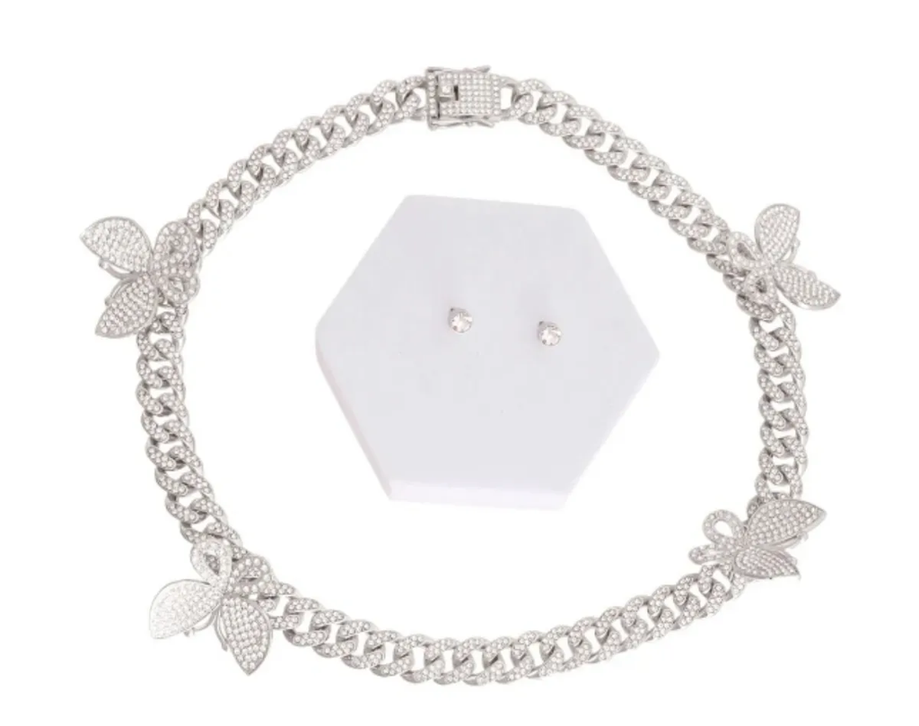 Iced Necklace, Earrings & Bracelet Butterfly Cuban Set
