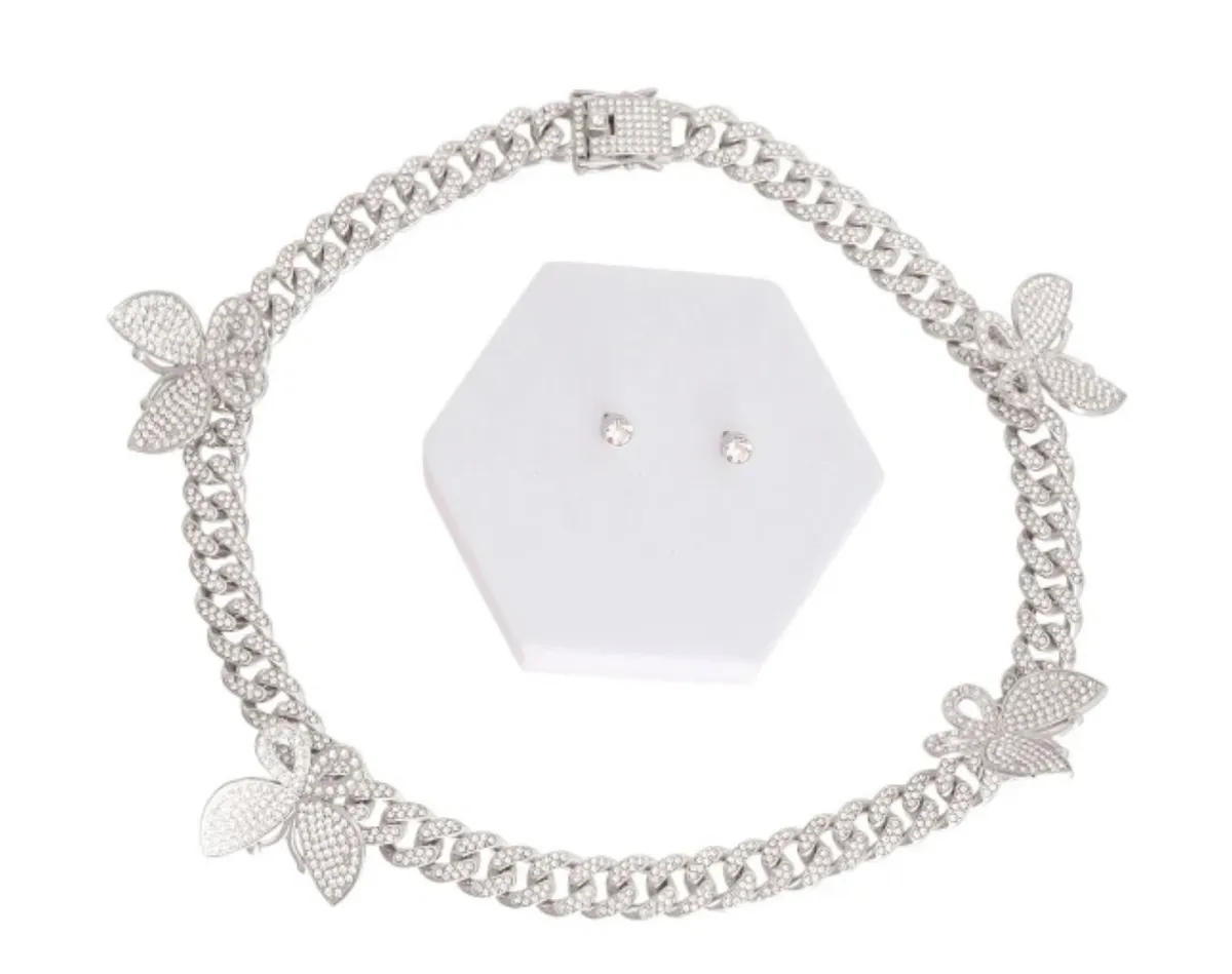 Iced Necklace, Earrings & Bracelet Butterfly Cuban Set