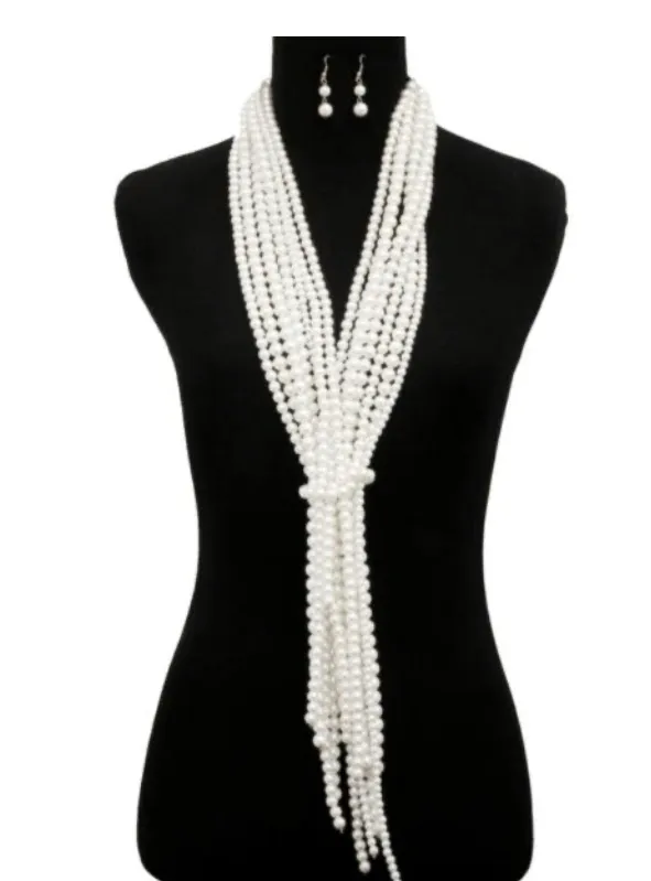 White Pearl Scarf Necklace Set