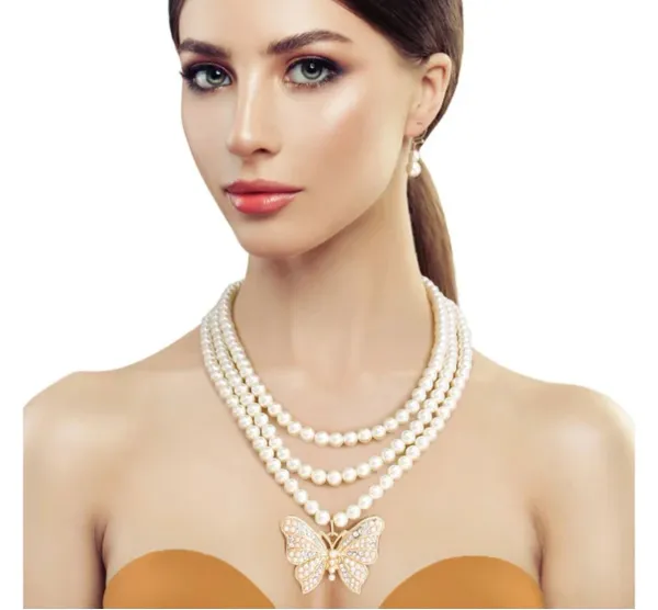Triple Strand Pearl Butterfly Necklace