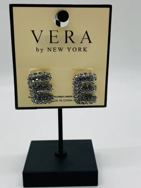 Initials Rhinestone Silver Studs Earrings
