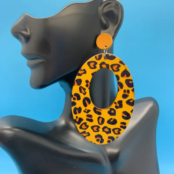 Long Cheetah Wood Earrings