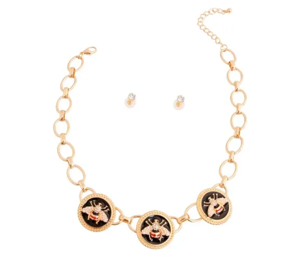 Gold Black Coin Bee Necklace