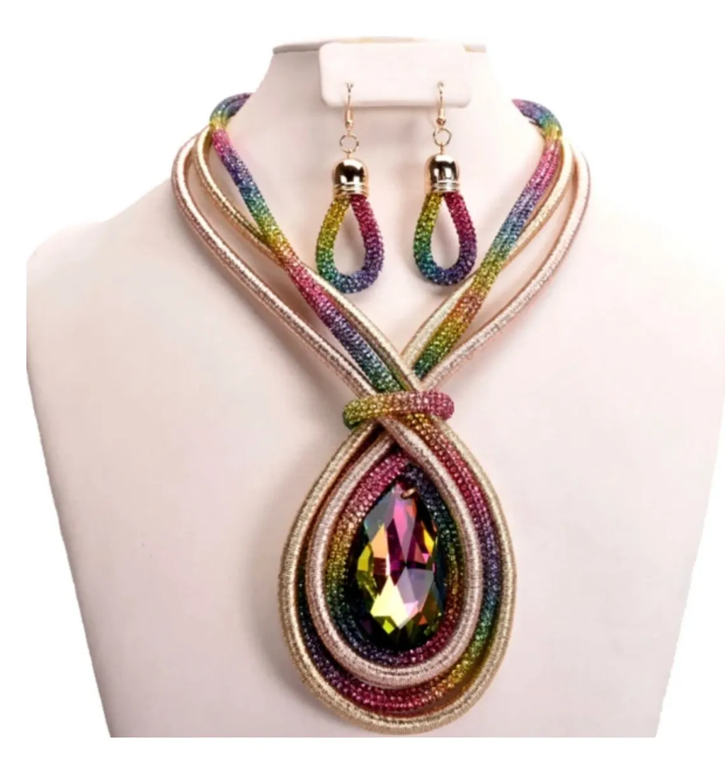 Rainbow Rhinestone Teardrop Cord Necklace