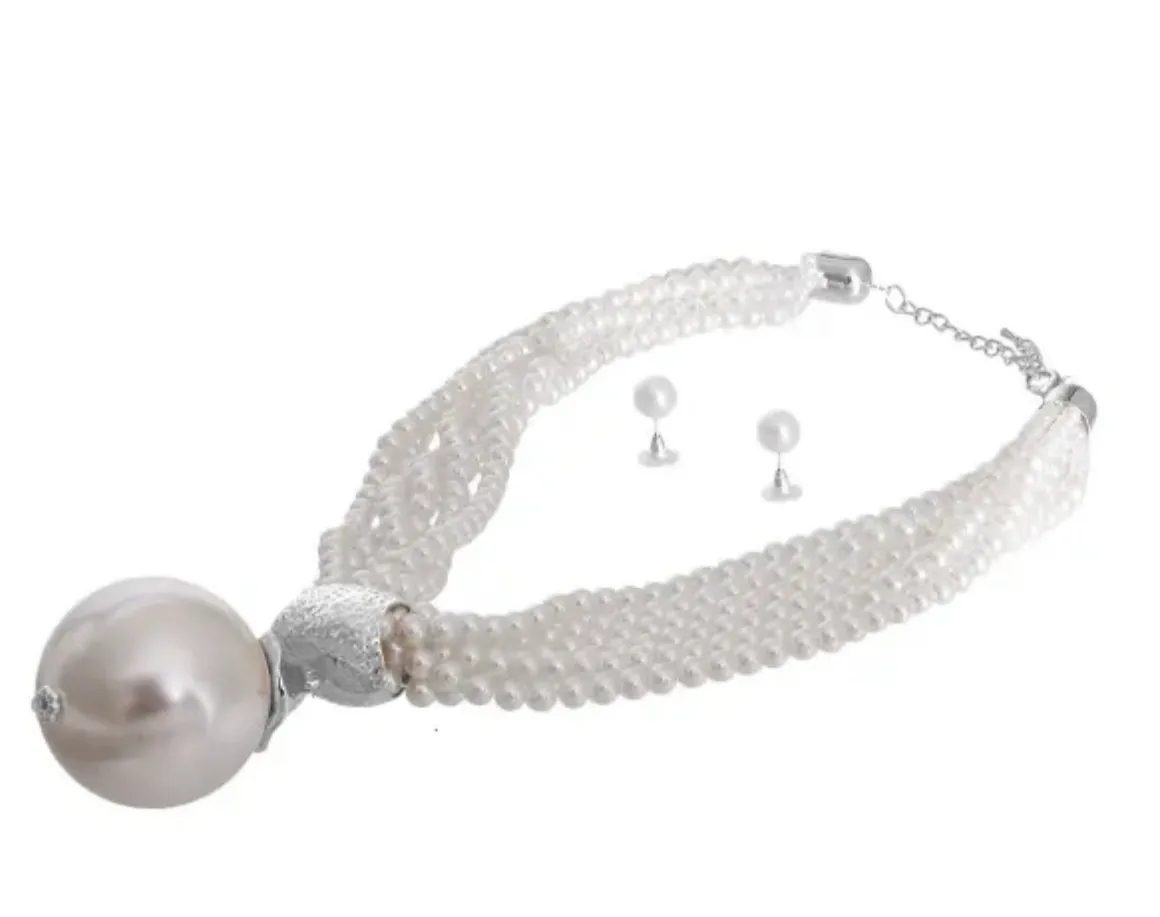 White Pearl 6 Strand Pendant Set