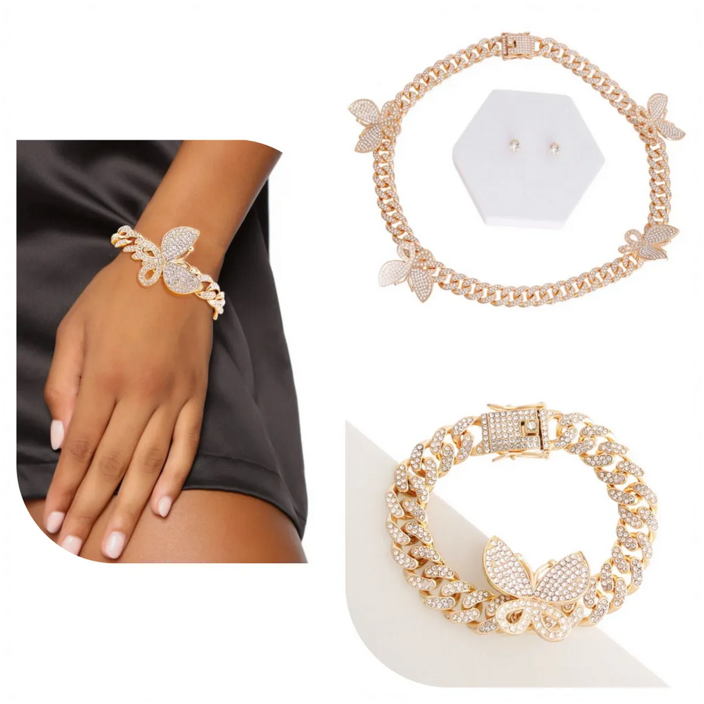 Iced Necklace, Earrings & Bracelet Butterfly Cuban Set