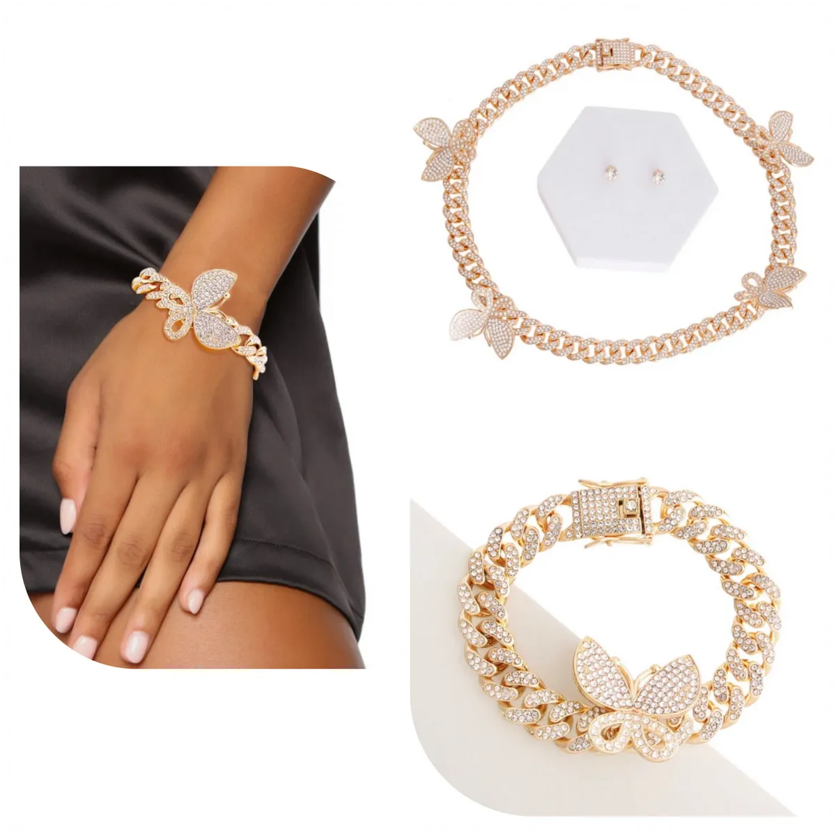 Iced Necklace, Earrings & Bracelet Butterfly Cuban Set