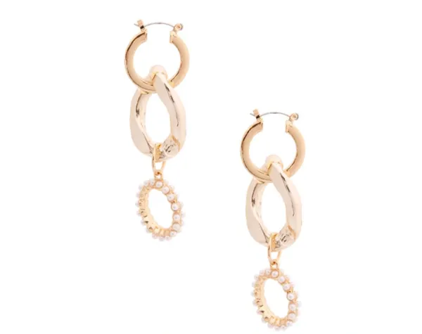 Gold Link & Pearl Hoop Earrings