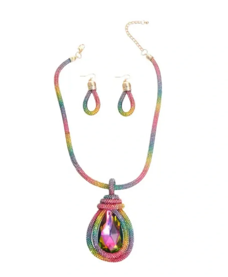 Rainbow Rhinestone Teardrop Cord Necklace