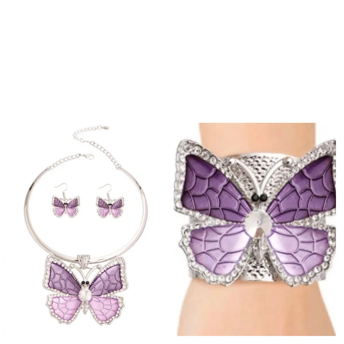 Rigid Metal Butterfly Necklace, Earrings, & Bracelet Set