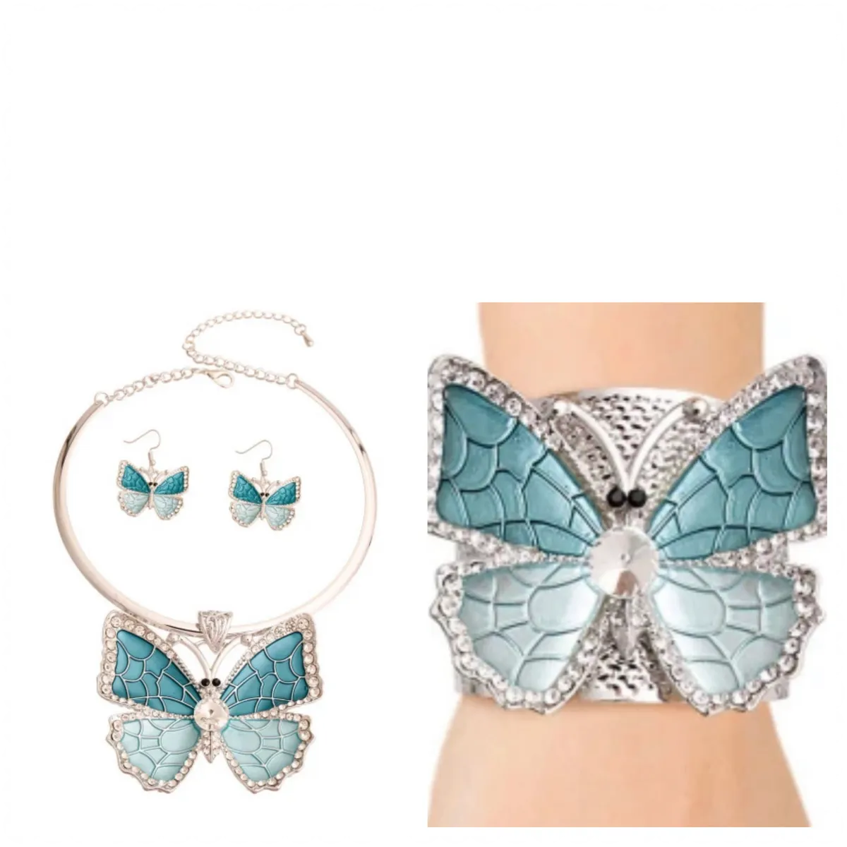 Rigid Metal Butterfly Necklace, Earrings, & Bracelet Set
