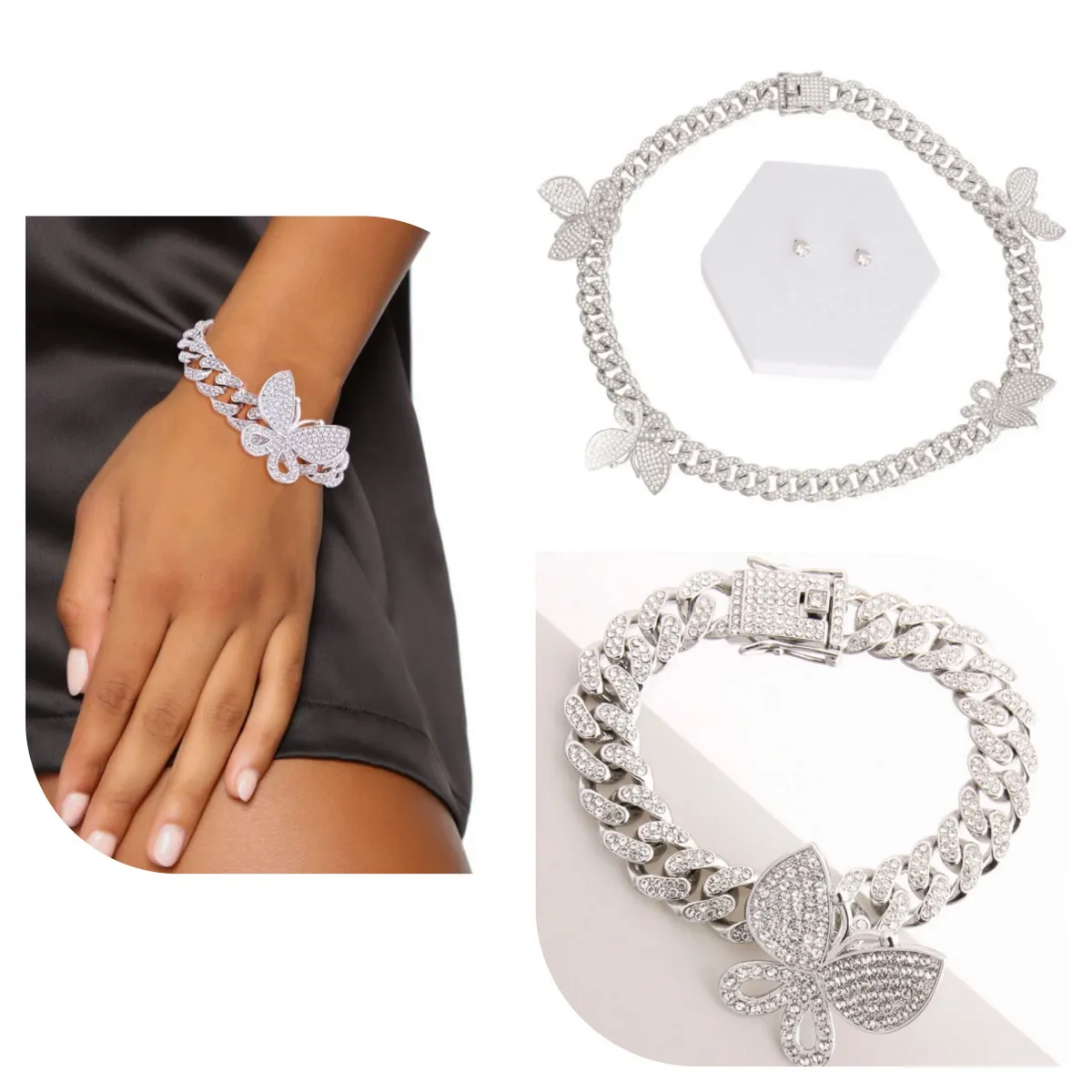 Iced Necklace, Earrings & Bracelet Butterfly Cuban Set